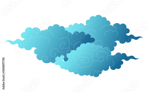 Traditional Asian clouds, cumulus clouds, line drawing, blue gradient, isolated on transparent. Hand drawn vector illustration. Buddhist thangka art. Chinese, Japanese, Korean design element, clip art