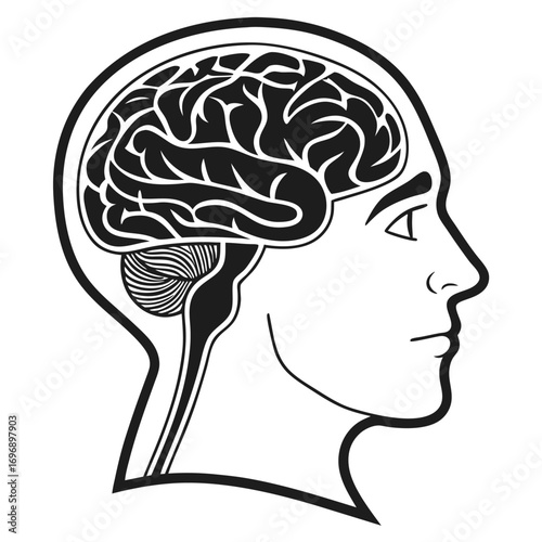 Black and white outline illustration of a human head profile with a detailed brain silhouette