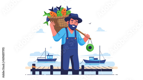 Fisherman's Bounty: A fisherman, with a full basket of freshly caught fish, strolls along the pier, the sea stretching out before him, promising the day's catch.