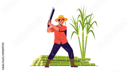 Farmer's Harvest: An illustration showcases a farmer meticulously cutting sugarcane. The farmer is poised, the air thick with the promise of a rewarding yield.