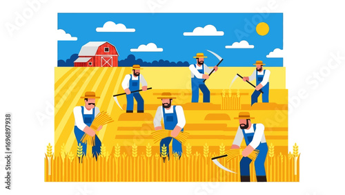 Harvest Harmony: A vibrant illustration captures the essence of rural life, depicting farmers diligently working the wheat fields under a bright blue sky and warm sun.