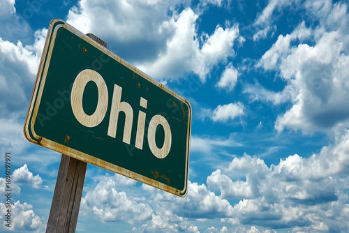 Ohio welcome sign against a bright blue cloudy sky indicating travel destination