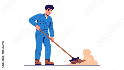Labor of Diligence: An illustrated depiction of a dedicated individual meticulously sweeping the floor with a focused expression, emphasizing hard work and perseverance.