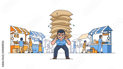 Burden on the Bazaar: A hardworking vendor navigates a vibrant marketplace under the weight of a heavy load, showcasing resilience and dedication amid the bustle of the scene.