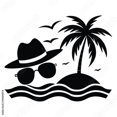 Black and White Silhouette of a Tropical Island with Palm Tree Hat and Sunglasses beach