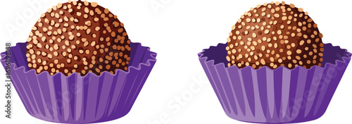 Two sweet chocolate brigadeiros in purple wrappers on a white background
