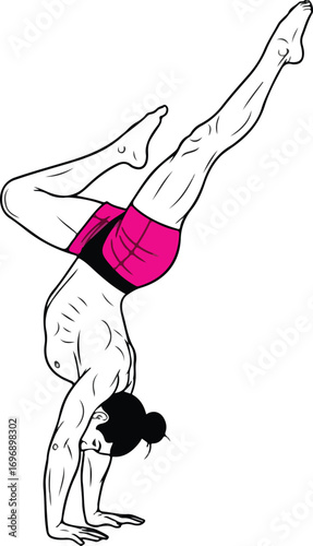 Athletic person performing a handstand with legs extended in a stylized drawing
