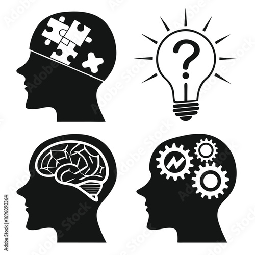 Black Silhouette Heads With Brain Gears Puzzle Lightbulb Question Mark Vector human head silhouette