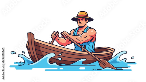 The Rowing Expedition: A strong individual navigating a wooden boat across a vast body of water, creating ripples in the water as he rows. The scene captures the beauty of aquatic adventure.