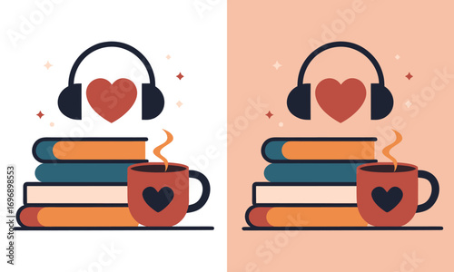Cozy reading experience with headphones and a warm drink enjoying an audiobook or music while relaxing with books and a heart symbol