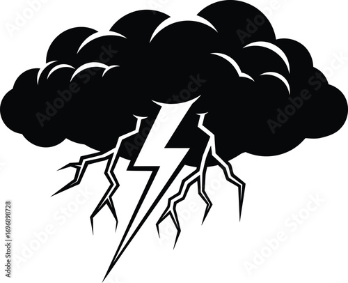 A powerful black silhouette of a storm cloud with a striking lightning bolt and smaller jagged bolts.