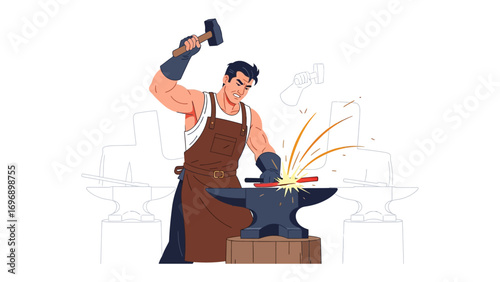 Blacksmith at Work: A robust blacksmith, enveloped in the heat of the forge, hammers red-hot metal onto an anvil. A scene of grit and craft.