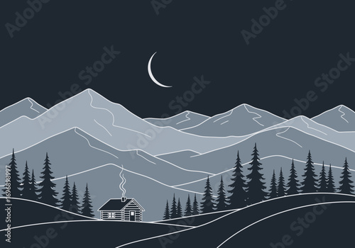 Serene Mountain Cabin Under a Crescent Moon Illustration