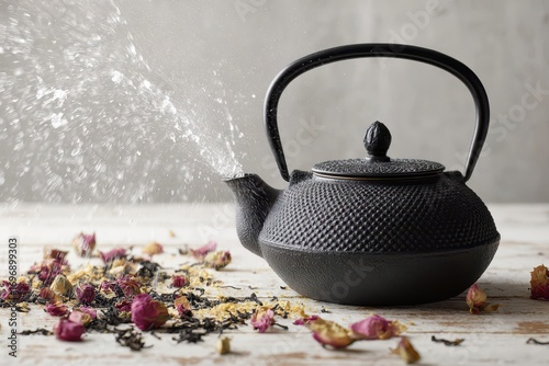 Elegant Cast Iron Teapot Steaming Beside Dried Rose Petals.