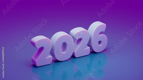 Flexible, translucent numbers with a soft body effect fly along winding paths to form 2026. They bounce on a reflective violet surface. Abstract New Year animation
