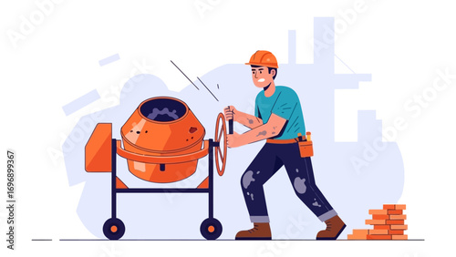 Construction Worker with Cement Mixer: A diligent construction worker, clad in a safety helmet, operates a cement mixer, embodying hard work and dedication on a construction site.