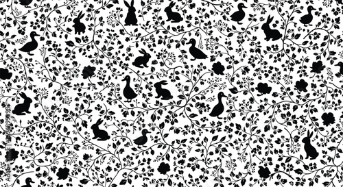 Black and white pattern with silhouettes of rabbits and ducks among foliage.
