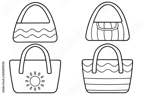 Four cartoon bags with handles and decorative patterns