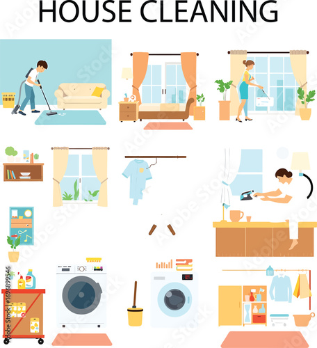 House Cleaning Icon Set on Solid White Background