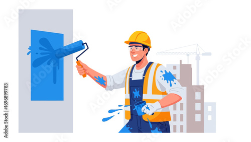 Painter at Work: Depicting a painter diligently applying a coat of vibrant blue paint with a roller, amidst a construction site backdrop, celebrating craftsmanship and precision.