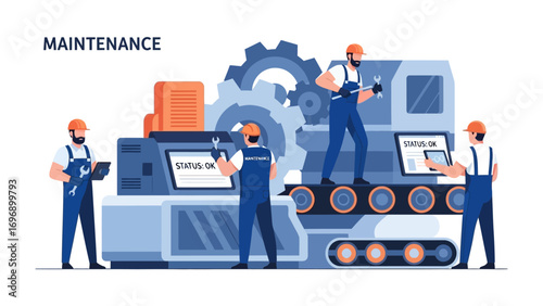 Industrial Mechanics at Work: A vibrant illustration showcases skilled mechanics diligently maintaining complex machinery.
