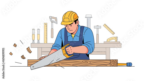 Carpenter in Action: A determined carpenter, adorned in a safety hat, skillfully maneuvers a saw to shape a wooden beam, illustrating dedication and craftmanship. 