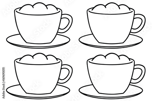 Four frothy coffee cups on saucers frothy drink beverage