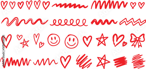 Collection of red hand drawn hearts scribbles stars and smiley faces