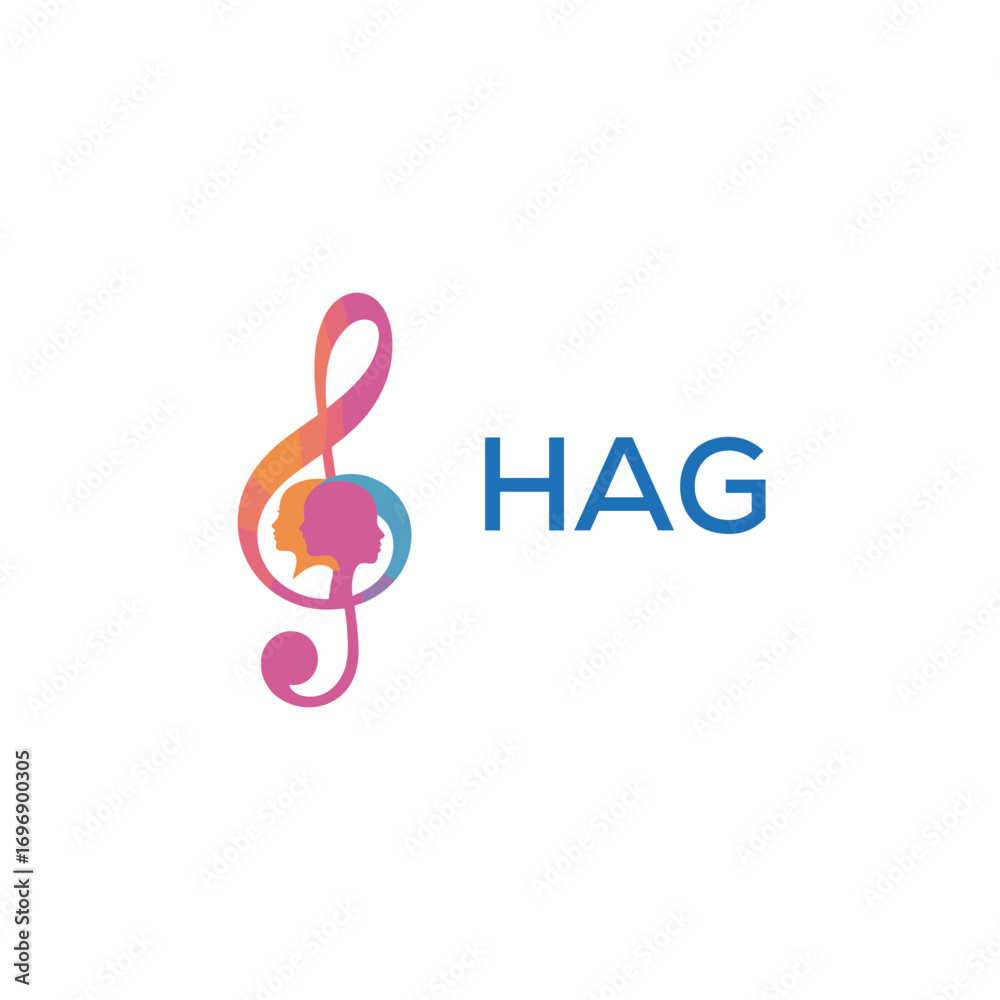 Fototapeta premium HAG “Creative music academy logo with silhouette heads and notes” HAG Later Logo, “Modern music therapy logo with faces and note symbol” 