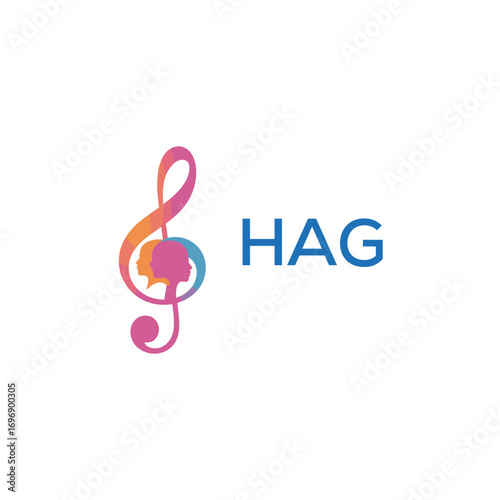 HAG “Creative music academy logo with silhouette heads and notes” HAG Later Logo, “Modern music therapy logo with faces and note symbol”
