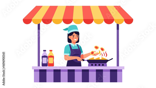 Street Food Stall Delight: A cheerful vendor expertly prepares sizzling cuisine at a vibrant street food stall. The scene bursts with color and culinary anticipation.