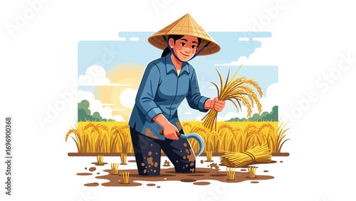 Golden Harvest: A diligent female farmer, framed by a straw hat, works in the golden rice field, reaping her harvest. Demonstrating the timeless beauty of rural life and agricultural bounty.