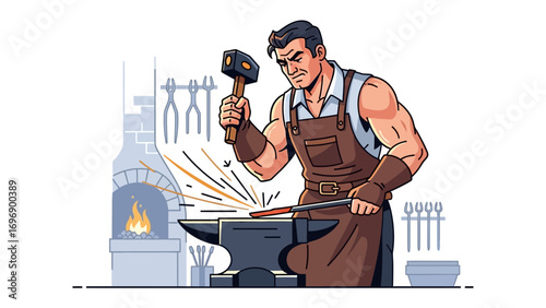 Blacksmith at Work: A skilled blacksmith, fully engrossed in his craft, hammers a glowing metal rod on an anvil within a forge, sparks flying from the focused action