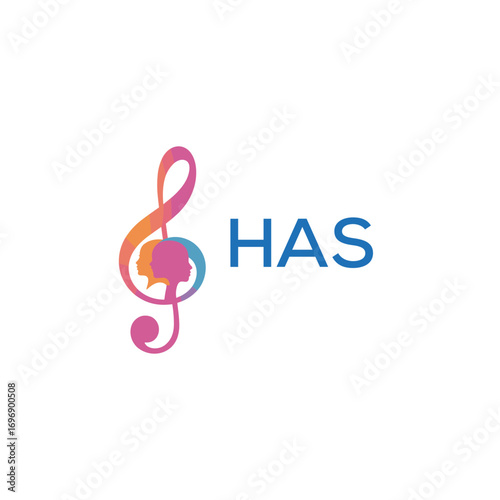 HAS “Creative music academy logo with silhouette heads and notes” HAS Later Logo, “Modern music therapy logo with faces and note symbol”
