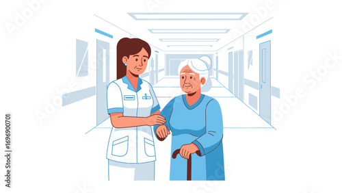 Caring Hand in Healthcare: A compassionate caregiver tenderly supports an elderly woman, symbolizing empathy, comfort, and patient-centered care in a serene healthcare setting.