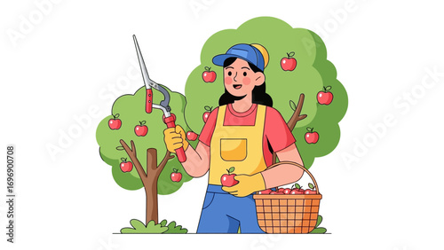 Apple harvest scene: cheerful female farmer uses harvest tool on apple tree to collect the red apples in a picturesque orchard. It captures the essence of autumn's bounty and agricultural tradition.