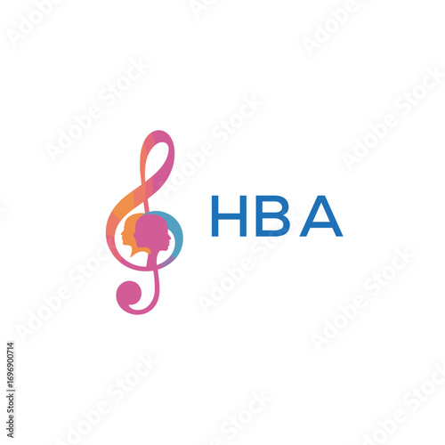HBA “Creative music academy logo with silhouette heads and notes” HBA Later Logo, “Modern music therapy logo with faces and note symbol”

