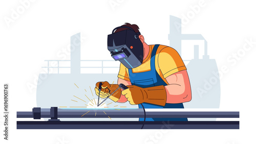 Industrial Welding: A skilled technician executes a weld, with a close-up on the welding process, showcasing the industrial process and the individual's dedication and expertise. 