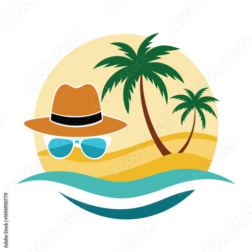 Circular Tropical Island Scene with Two Palm Trees Hat and Sunglasses beach