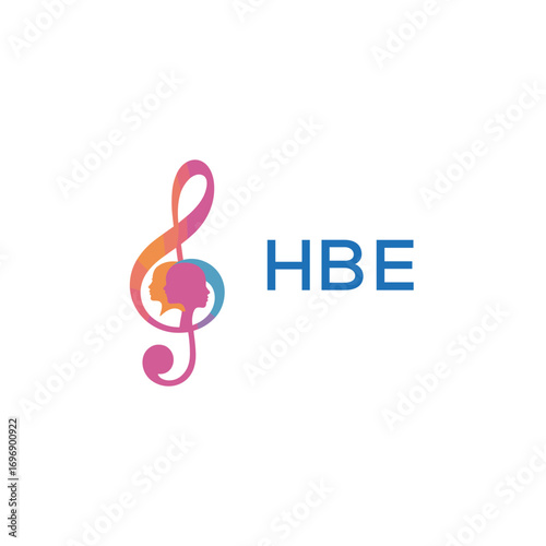 HBE “Creative music academy logo with silhouette heads and notes” HBE Later Logo, “Modern music therapy logo with faces and note symbol”
