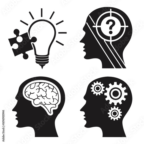 Conceptual Icons of Human Thought Processes with Brain, Gears, and Lightbulb head silhouette