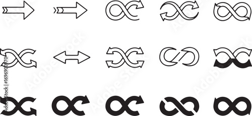 Collection of hand drawn arrows and infinity symbols in black and white