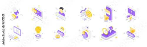 Isometric vector illustration showcasing digital marketing, online communication, customer feedback, analytics, mobile notifications, strategy, growth, and multimedia interactions in modern design
