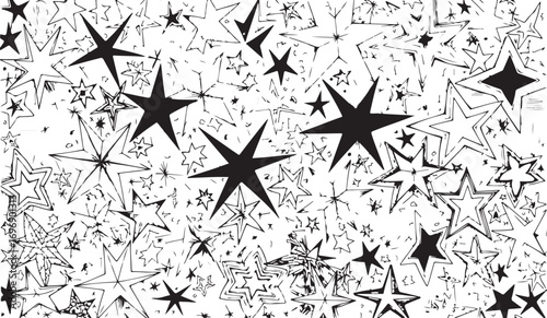 Abstract black stars scattered on a textured white background