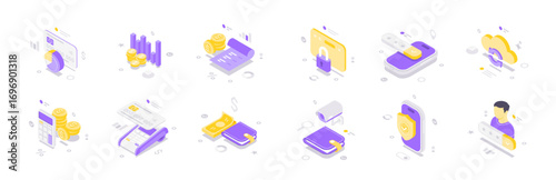 Isometric vector illustration featuring personal finance, money management, digital banking, secure transactions, budgeting, investment growth, mobile finance apps, and financial analytics icons