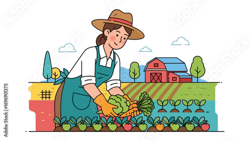Harvesting Bounty: An illustration of a woman is harvesting vegetables with farm field, celebrating the earth's gifts and the essence of wholesome living.