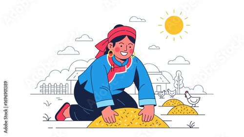 Village Harvest: A vibrant illustration depicts a woman dressed in traditional attire harvesting crops under the bright sun in a rural setting. She embodies diligence and the simplicity of rural life.