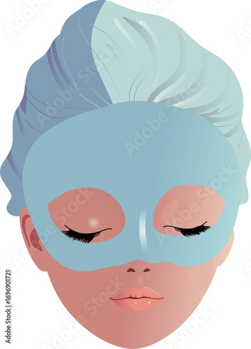 Beauty illustration of a woman with eyes closed wearing a blue hydrating spa mask and head wrap. Perfect for skincare, wellness, self-care, and beauty design projects.