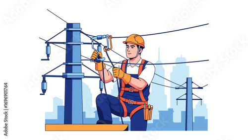 Electrician at Work: A skilled electrician, securely harnessed, meticulously attends to power lines.