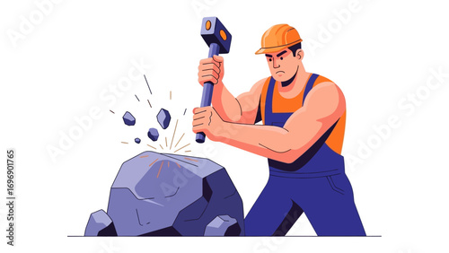 Breaking New Ground: A determined construction worker, wielding a sledgehammer, symbolizes progress and transformation as he breaks rock in this illustrative and vibrant representation. 
